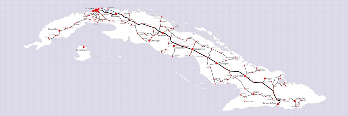 Mapa das linhas de comboio de Cuba